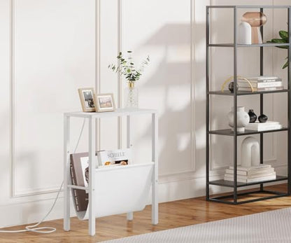 Narrow Side Table with Charging Station, Skinny Nightstand with USB Ports & Outlet, Slim Sofa Side Table with Storage Bag, Small End Table for Small Spaces, Living Room, Bedroom, White - color: White