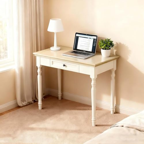 Beige Writing Desks with Drawers, 35" French Country Style | Solid Wood Farmhouse Computer Desk for Home Office, Living Room Study or Workspace - color: Beige, size: 35 inches