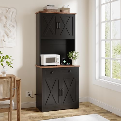 GarveeLife 71" Pantry Cabinet with Charging Station, Tall Kitchen Pantry Storage Cabinet with Microwave Stand, Large Farmhouse Kitchen Hutch with Cabinet Doors & Drawer for Living Room, Dining Room - color: Black