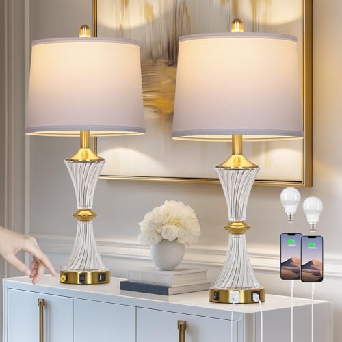 Rinweey Crystal Glass Table Lamp Set of 2 with USB C+A Ports & AC Outlet, White Lamp, Modern Bedroom Lamps, Gold Lamp for Night Stands Bedroom Living Room,Nightstand Lamp LED Bulbs Included - color: Gold
