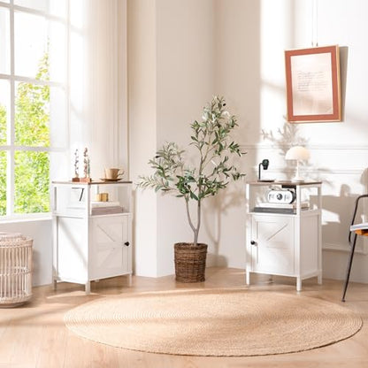 Yoobure Farmhouse NightStand with Charging Station，Wood Night Stand End Table with USB Ports, LED Bed Side Table with Storage Cabinet，Bedside Table for Bedroom, Living Room White - color: White