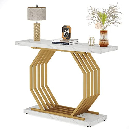 Tribesigns Gold Console Table, Faux Marble Entryway Table Narrow Sofa with Geometric Metal Base, 40 Inch Modern Accent Entrance for Living Room, Hallway, Foyer, White and Gold - color: White