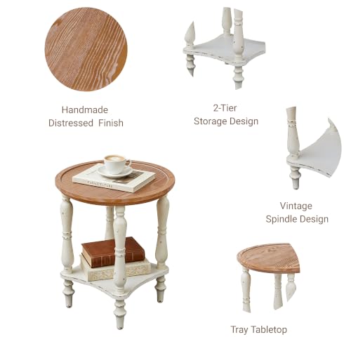BERRYMERRY 18.5" 2-Tier French Country End Table with Tray Top Set of 2, White Round Side Table for Living Room Small Spaces, No Tool Assembly - color: Tray Top 2pcs