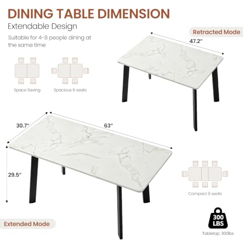 Modern 47.2"-63" Extendable Rectangular Dining Table, White | Removable Extension Leaf, Durable MDF Tabletop, Accommodates 4-8 Guests, Industrial Dining Room Small Kitchen & Dinner Spaces - color: 47.2'' - 63'' White Table