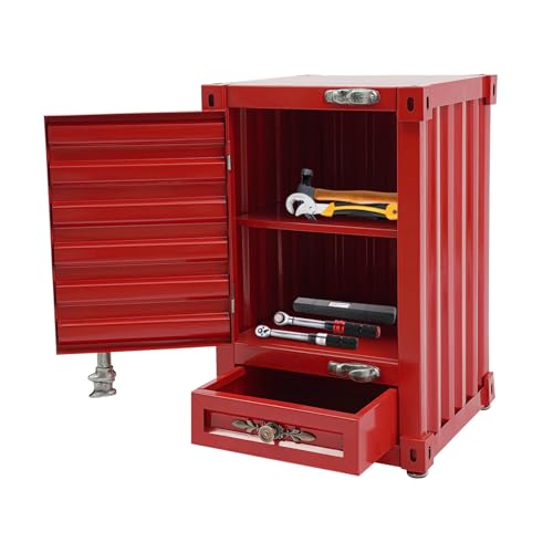 12.6 X 12.6 X 19.7 in Industrial Side Table, Metal Iron 3-Tier Bedside Table with 2 Compartments & 1 Storage Drawer, Retro Metal Shipping Container Cabinet for Bar/Bedroom/Garage (Red) - color: Red