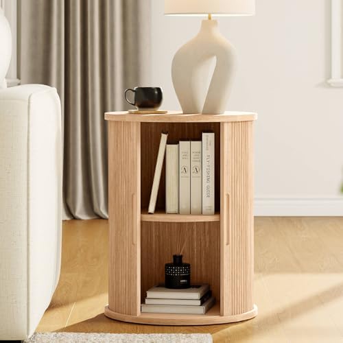 LINSY HOME Round Fluted End Table, Tall Side Table with Sliding Tambour Door and Storage Shelf, Modern Bedside Table, Mid-Century Nightstand for Living Room, Bedroom, Oak - color: Oak