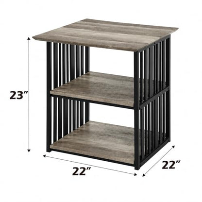 Elountik Industrial Nightstand with Metal Frame and Antique Oak Finish, 22 Inch Wide Bedside Table with Two Open Shelves for Bedroom Storage