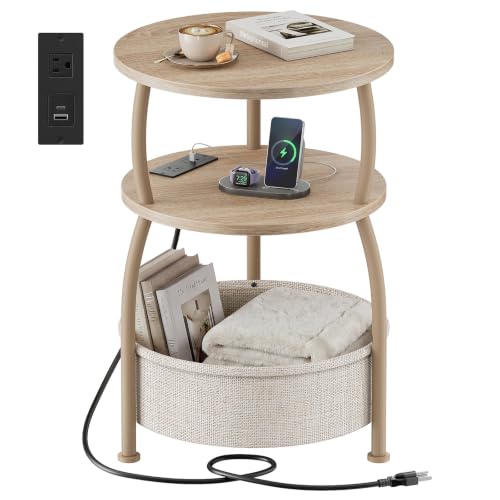 Round Side Table with Charging Station, USB Type C Port, Oak | End Table with Power Outlet,15.75 in Small Round Table with Basket, Space Saving, 3-Tier Small Table for Bedside, Sofa - color: Light Oak, size: 15.75" Dia with Power Strip