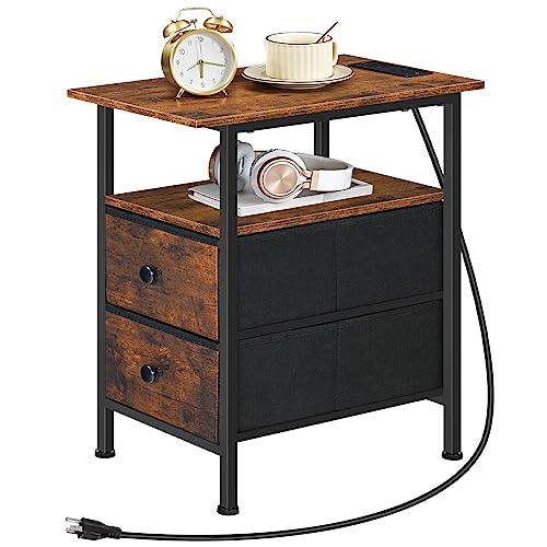 HOOBRO End Table with Charging Station, Narrow Side Table, Nightstand with 2 Non-Woven Drawers, Slim Sofa Side Table, for Small Spaces, Living Room, Bedroom, Rustic Brown and Black BF486UBZ01 - color: Rustic Brown + Black, size: 11.8"L x 18.9"W x 23.6"H