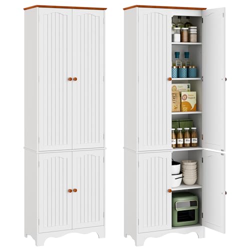 Function Home 72" Kitchen Pantry Cabinet, Freestanding Storage Cabinets, Tall Food Pantry with Doors and Adjustable Shelves, Utility Floor Cabinet for Kitchen Dining Room Living Room, White - color: White Honey, size: 24"Wx11.81"Dx72"H