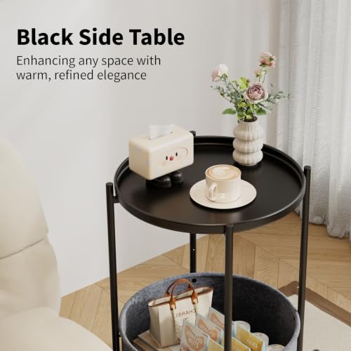 Small Round Side Table with Felt Storage Basket and Removable Tray | Accent Table, Metal End Table with Adjustable Feet, Side Table for Nursery, Bedroom, Living Room, Laundry Room, Black - color: Black