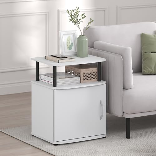 Furinno Jaya Side Table, 2-Tier Open Shelf End Table with Door Cabinet, Soft-Edges Night Stand, Bedside Table, for Living Room, Bedroom, White - color: White/Black, size: 1-Pack