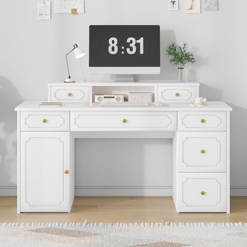 Catrimown White Desk with 7 Drawers, 54 Inch Computer Desk with Cabinet for Work Writing Study, Vanity Desk with Golden Handle for Girls, Bedroom - color: White