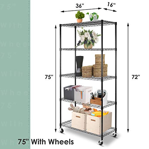 WDT 5-Shelf Shelving Units on Wheels Casters, Adjustable Heavy Duty Metal Shelf Wire Storage Rack for Home Office Garage Kitchen Bathroom Organization(16”Wx36”Dx75”H), Black - size: 5Tier 36"W x 16"D x 75"H