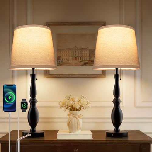 EppieBasic 22" Farmhouse Bedside Table Lamps Set of 2 with 3-Way Dimmable | with USB-C+A Charging Ports, Rustic Pull Chain Switch, Beige Linen Shade, for Bedroom, Living Room, Nightstand - style: XT-03