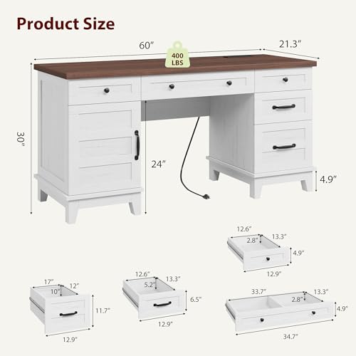 Garvee 60" Wooden Home Office Desk with File Drawers, Executive Desk with Adjustable Cabinet, Farmhouse Wood Desk with Power Outlet, Distressed Study and Work Table, Rustic White - color: Rustic White, size: 60" W