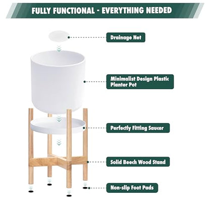 D'vine Dev Plastic Pot with Natural Wood Stand, White, 8 in, 55-C-J-1 | Mid-Century Inspired Design, Elevated Plant Display, Clean Lines, Sturdy Support, Modern Space-Saving Style - color: Matte White Pot + Natural Stand, size: 8 Inch