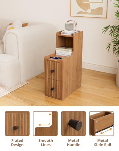 Narrow Side Table with 2 Drawers, Mid Century Modern Slim Night Stand with Storage, Wooden End Table for Small Spaces, Bedroom, Living Room（No Charging Station）