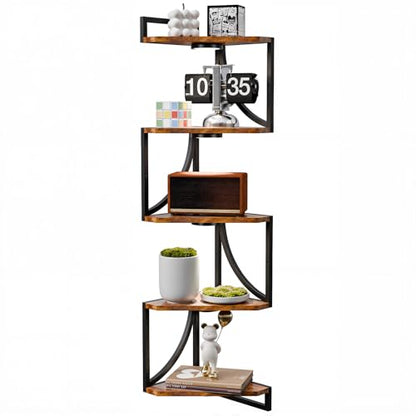 HAAYOT Corner Shelf Wall Mounted with Lights, 5-Tier Floating Metal Shelves for Living Room, Bedroom, Rustic Brown