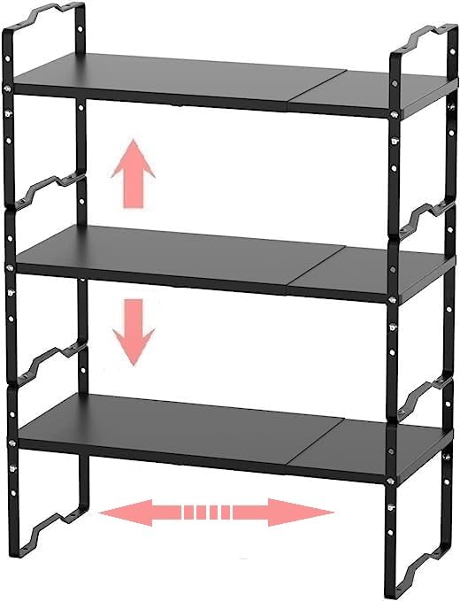 Jojocross Expandable Shelf for Cabinet Organizer Adjustable Stackable Spice Rack at Kitchen and Bathroom More, Counter Countertop Cupboard Organization Pantry Storage(MEDIUM/3PACKS/BLACK) - color: Black, size: MEDIUM/3PACKS/BLACK