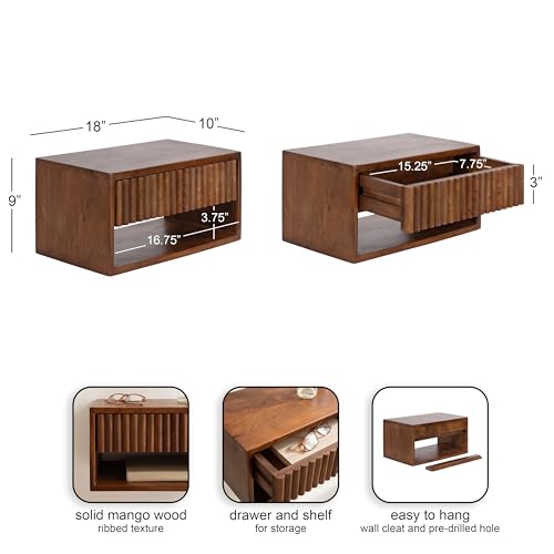Kate and Laurel Reid Ribbed Wooden Tiered Floating Side Table, 18 x 10 x 9, Walnut Brown, Modern Rectangular Mango Wood Floating Nightstand with Drawer for Bedroom Storage or Living Room End Table - color: Walnut Brown