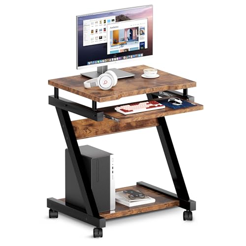 sogesfurniture Small Mobile Computer Desk with Keyboard Tray, Z-Shaped Compact Study Table, Rolling Workstation for Home and Office with Printer Shelf, Keyboard Drawers, Rustic Brown - color: Rustic Brown