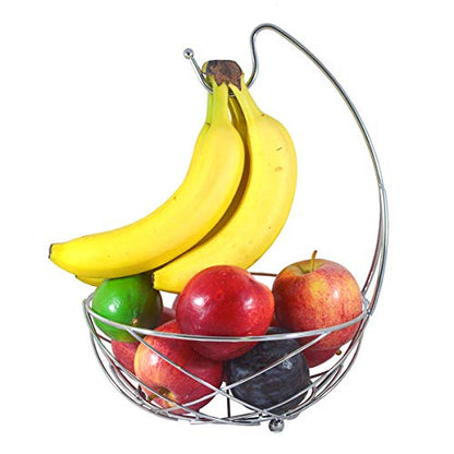 BNYD Chrome Fruit Bowl with Banana Holder – 14" Countertop Wire Basket with Banana Hook, Modern Fruit Basket with Banana Tree Hanger for Kitchen Table or Island Storage