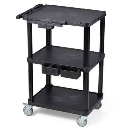 ELAFROS Heavy Duty 3-Tier AV Cart with Power Strip, 27.5 x 18.25 Inch, Industrial Plastic, 330 lbs Capacity, Flat Top Shelves with Swivel Wheels – Multipurpose Rolling cart - style: With Power Strip