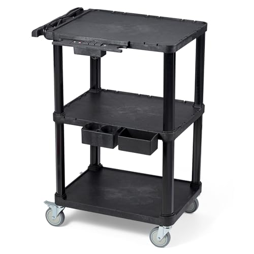 ELAFROS Heavy Duty 3-Tier AV Cart with Power Strip, 27.5 x 18.25 Inch, Industrial Plastic, 330 lbs Capacity, Flat Top Shelves with Swivel Wheels – Multipurpose Rolling cart - style: With Power Strip