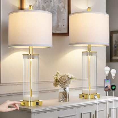 28" Gold Glass Table Lamps Set of 2 with Night Light, Modern Bedside Lamps with USB C+A Charging Ports, Nightstand Lamps for Living Room, Glass Lamps for Bedroom End Table Office, 2 Bulbs Included - color: Gold
