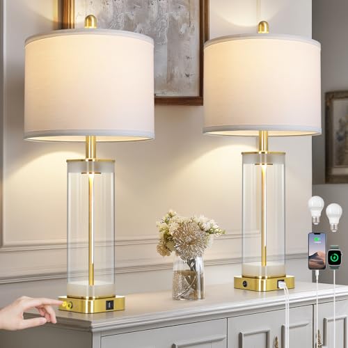 28" Gold Glass Table Lamps Set of 2 with Night Light, Modern Bedside Lamps with USB C+A Charging Ports, Nightstand Lamps for Living Room, Glass Lamps for Bedroom End Table Office, 2 Bulbs Included - color: Gold