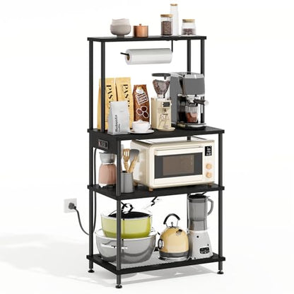 SUPERLELE 4 Tier Baker's Rack with Charging Station, Kitchen Coffee Bar Table with Power Outlets & Paper Towel Holder, 23.6x13x49.2'' Industrial Standing Microwave Shelf for Small Spaces, Black - color: Black, size: 23.6x13x49.2''(with Power Outlet)