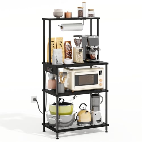 SUPERLELE 4 Tier Baker's Rack with Charging Station, Kitchen Coffee Bar Table with Power Outlets & Paper Towel Holder, 23.6x13x49.2'' Industrial Standing Microwave Shelf for Small Spaces, Black - color: Black, size: 23.6x13x49.2''(with Power Outlet)