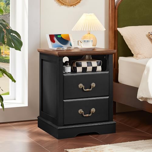 Farmhouse Nightstand with Charging Station, 2 Drawers Night Stand with Storage Shelf, Rustic Biack 18" Wide Wood Bedside Table, Bed Side End Tables for Bedroom, Living Room - color: Black, size: 1PCS