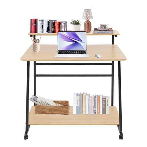 3 Tiers Rolling Computer Desk, 31.5 Inch Home Office Desk with 4 Wheels & 4 Foot Pads, Mobile Small Computer Desk, Student Study Table for Small Space Bedroom (Black+Log Color) - color: Black+log Color