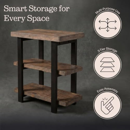 Alaterre Furniture Pomona Solid Wood 3-Tier End Table, Rustic Brown, 20” | Small Side Table or Nightstand with Storage Shelf and Metal Legs, Rustic Farmhouse Chair Side Table for Living Room & Bedroom - color: Rustic Brown