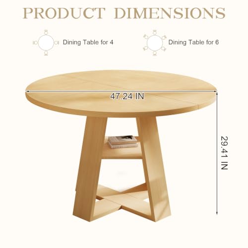 47.2" Round Dining Table for 4-6, Circle Kitchen Table with Open Storage Shelf, Farmhouse Dinner Table with Cross Pedestal Base for Dining Room, Kitchen, Living Room, Burlywood - color: Burlywood