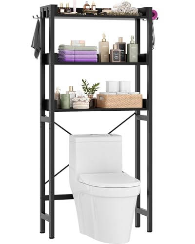 Besiost Over The Toilet Storage Rack - 3 Tier Bathroom Organizer with Shelves, Freestanding Space Saver Storage Rack Above Toilet Stand with 4 Hooks for Restroom, Laundry, Black - color: Black, size: 24.8"W
