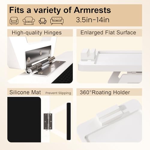 Couch Arm Tray with 360°Phone,Bamboo Folding Sofa Tray,Sofa Armrest Trays Clip-On Couch Desk for Drinks,Snacks,Phone,Remote Control（White） - color: White, style: 13.0" x 9.4"Phone Holder
