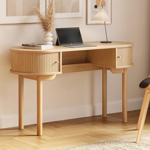 WERMO 51'' Small Wood Writing Desk and Makeup Vanity Desk with Storage and Sliding Doors - Narrow Computer and Work Table for Home Office, Modern Vanity, Oak Dressing Table for Bedroom (Oak) - color: Engineered Wood With Real Oak Veneer