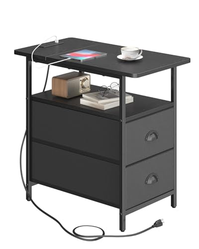 sthmec End Table with Charging Station, Narrow Side Table with 2 Drawers, Nightstands with Drawers, USB Ports & Power Oulets,Slim Sofa Side Tables for Small Spaces,Living Room,Bedroom,Black - color: Black, size: 11.75'' W x 21'' D x 24.3'' H, style: Power