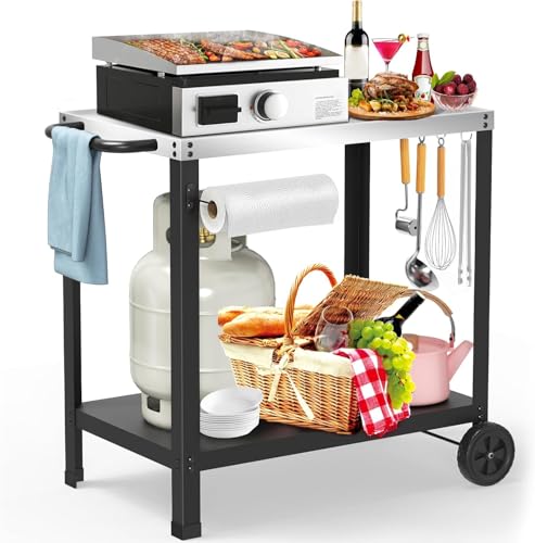 32x20IN Double-Shelves Grill Table, Outdoor Grill Cart for Blackstone Griddle, Movable Pizza Oven Table Cart for Outside Patio, Kitchen Cooking Food Prep Table for Party - color: Silver