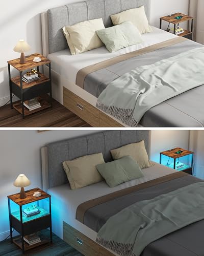 TUTOTAK LED Nightstand Set of 2, Night Stand with Charging Station, End Table, Bedside Table with Fabric Drawer, Side Table for Livingroom and Bedroom, Brown TB01BB0692L - color: Brown, style: Plug&LED