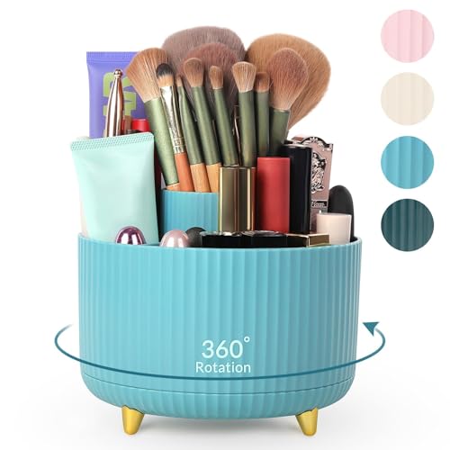 SKYDUE Makeup Organizer, Rotating Pencil Pen Holder for Desk, Dual-Purpose Desktop Organizer for Cosmetics & Pens, Makeup Brush Holder with 5 Slots, Pencil Cup for Office, Home - color: Blue_1Pack