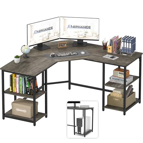 Elephance Large L-Shaped Computer Desk with Shelves, Corner Desk, Home Office Writing Workstation, Gaming Desk PC Latop Table with Storage - color: Black Oak