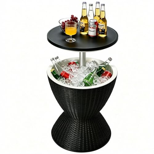 Tangkula Outdoor Cooler Table, Multi-Functional Cooler Bar Table, Adjustable Height Ice Cooler Side Table w/Drain Plug, 8 Gallon Beer & Wine Cooler, Rattan Style Patio Furniture for Pool Parties - color: Black