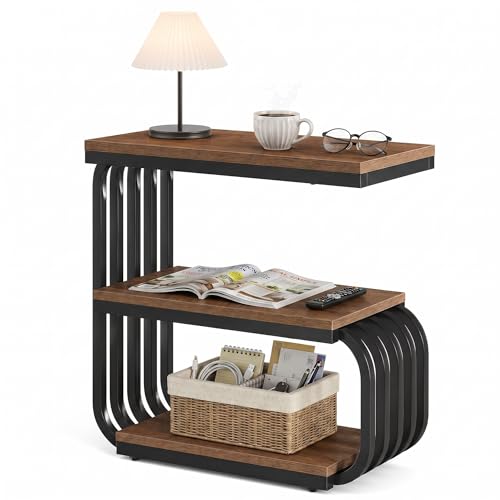 Tribesigns Small Narrow End Table with Storage Shelf, Industrial Side Tables with Curved Metal Frame, 3-Tier Accent Table and Nightstand for Living Room, Bedroom, Small Space (1, Brown) - color: Brown