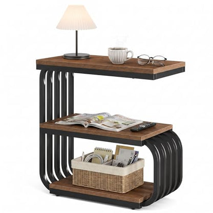 Tribesigns Small Narrow End Table with Storage Shelf, Industrial Side Tables with Curved Metal Frame, 3-Tier Accent Table and Nightstand for Living Room, Bedroom, Small Space (1, Brown) - color: Brown
