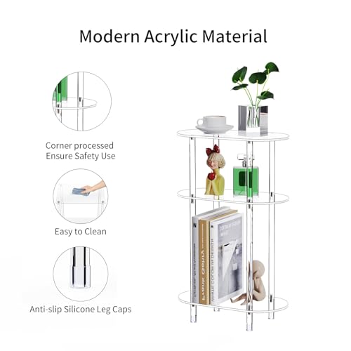 Clear Acrylic Narrow Side Table Set of 2 for Small Spaces, 15.75" L x 7.87" W x 24.6" H, 3 Tier Oval Slim End Table Nightstand, Small Skinny Bedside Table for Bedroom, Bathroom, Living Room - size: 3 Tier 2-Pack 24.6"H
