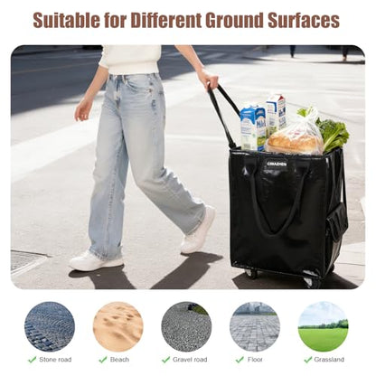 Reusable Grocery Bag Tote Bag with Wheels, Foldable Rolling Tote Bag with 3 Handles and Zipper - color: Black, size: Large